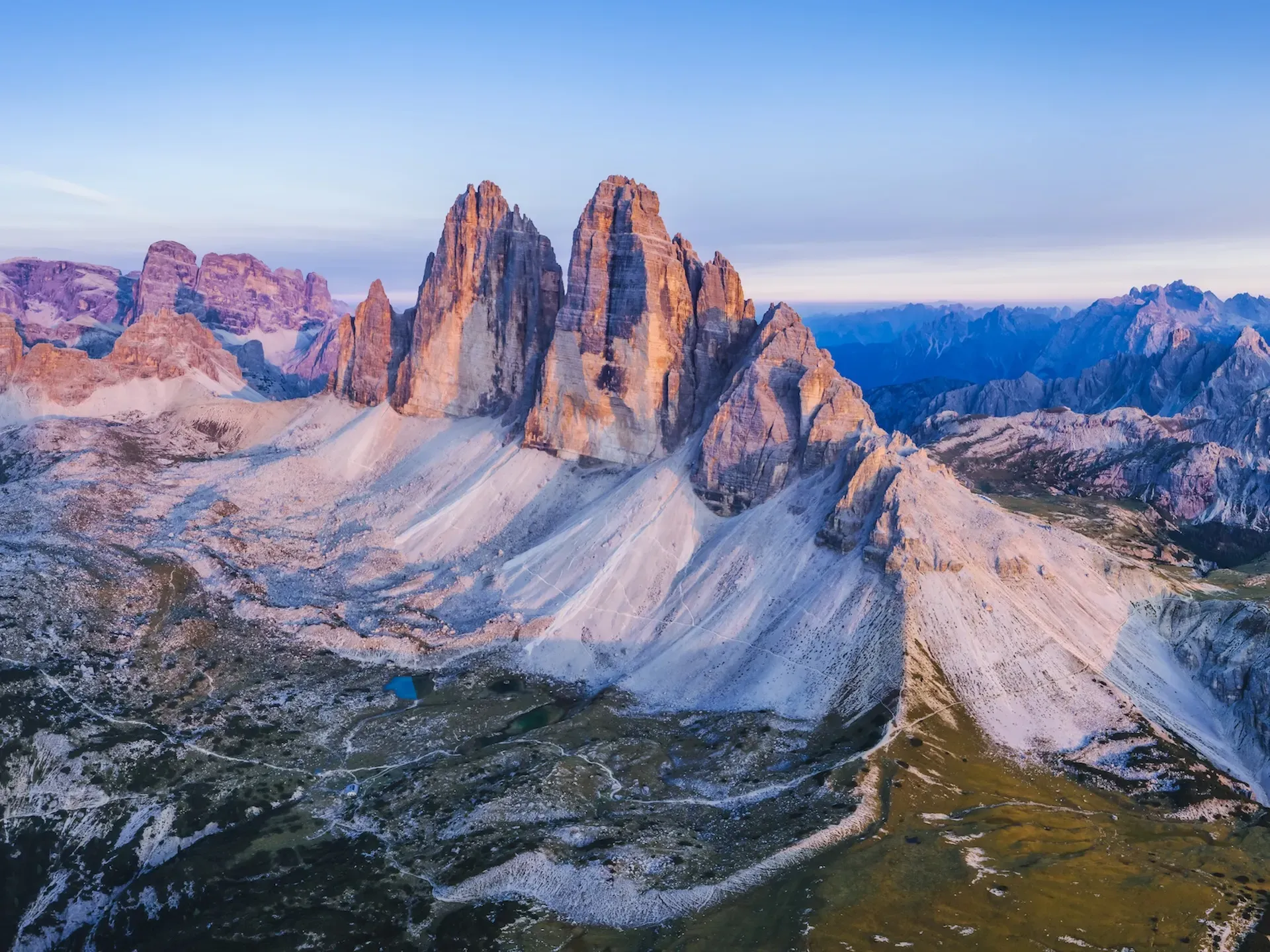 Tre Cime di Lavaredo from Rifugio Locatelli, Rifugio Locatelli, Tre Cime di Lavaredo